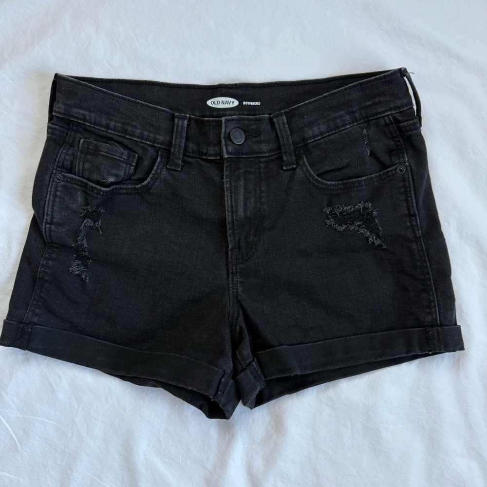 Old Navy Boyfriend Black Denim Jean Shorts Distressed Rolled Folded Hem